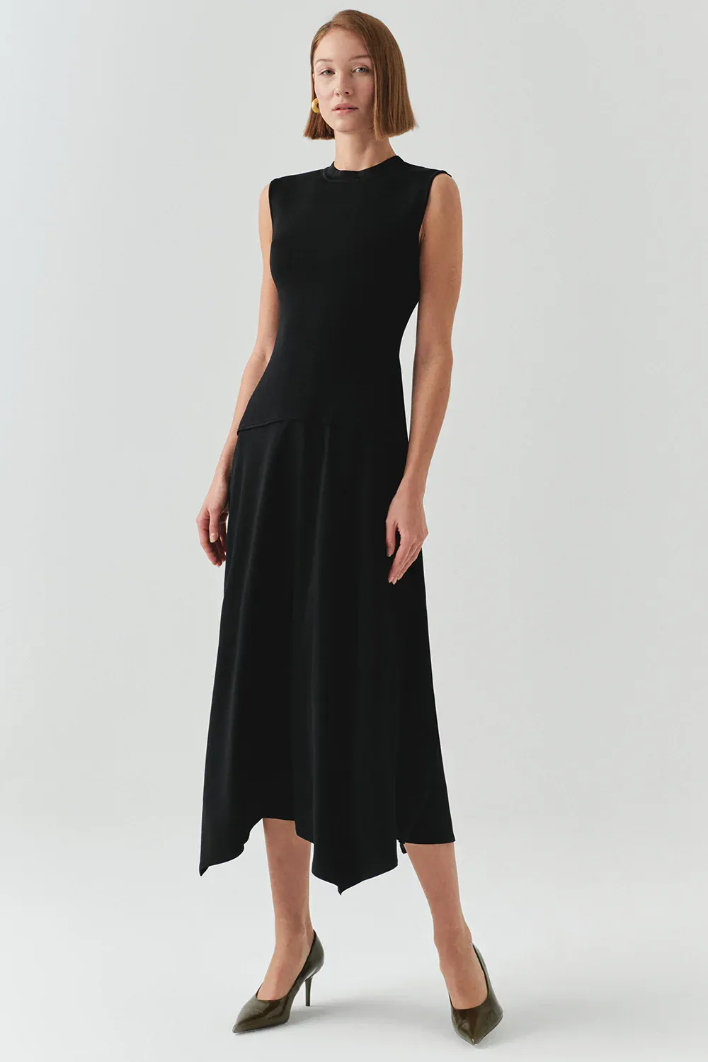 Bisiklet Yaka Triko Garnili Asimetrik Kesim Slim Fit Midi Elbise-Siyah