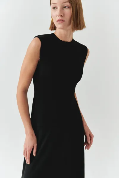 Bisiklet Yaka Triko Garnili Asimetrik Kesim Slim Fit Midi Elbise-Siyah