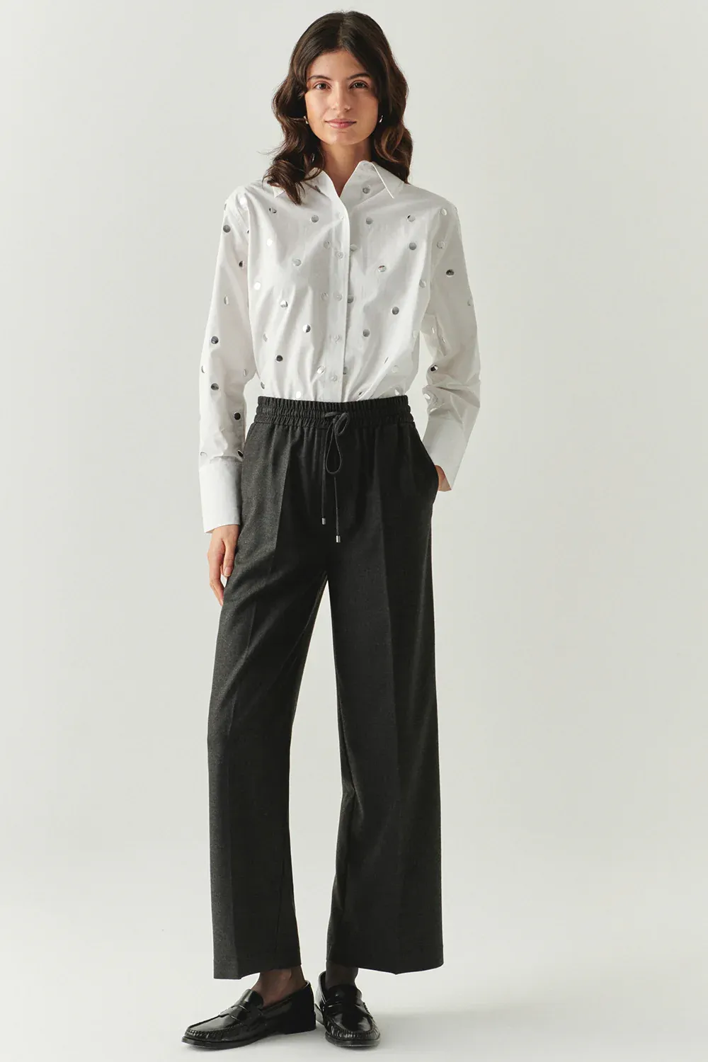 Bağcıklı Cepli Düz Regular Dokuma Pantolon-Gri