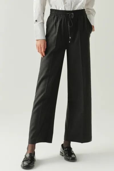 Bağcıklı Cepli Düz Regular Dokuma Pantolon-Gri