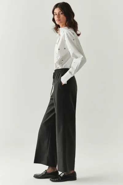 Bağcıklı Cepli Düz Regular Dokuma Pantolon-Gri