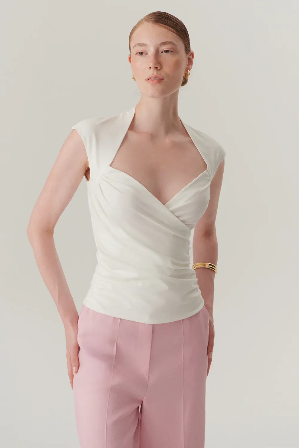 Kruvaze Yaka Slim Fit Bluz-Beyaz