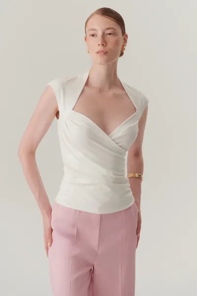 Kruvaze Yaka Slim Fit Bluz-Beyaz
