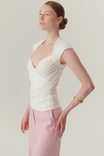 Kruvaze Yaka Slim Fit Bluz-Beyaz