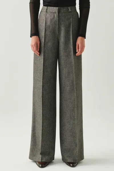 Balık Sırtı Desenli Yüksel Bel Geniş Paçalı Cepli Regular Dokuma Gri Pantolon