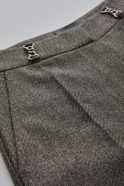 Balık Sırtı Desenli Yüksel Bel Geniş Paçalı Cepli Regular Dokuma Gri Pantolon