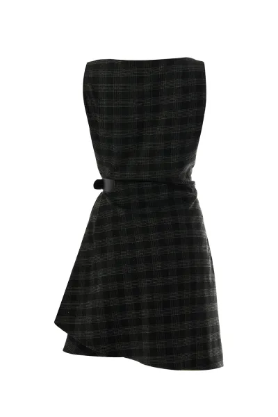 Kare Yaka Taş Detaylı Ekose Slim Fit Astarlı Antrasit Mini Elbise