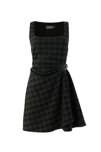 Kare Yaka Taş Detaylı Ekose Slim Fit Astarlı Antrasit Mini Elbise