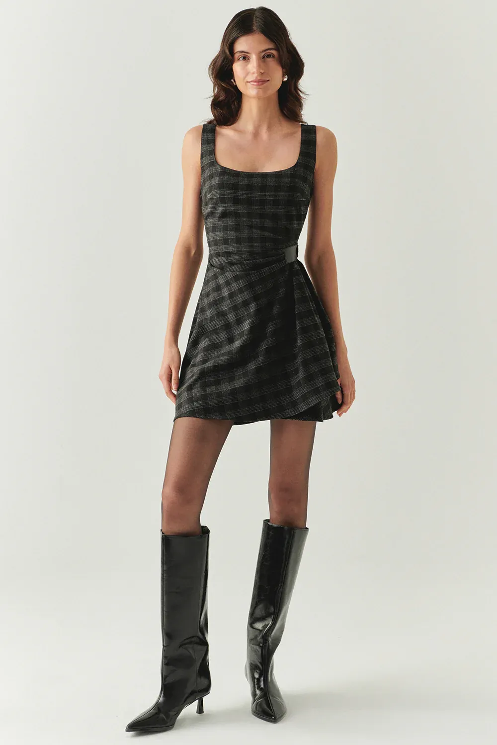 Kare Yaka Taş Detaylı Ekose Slim Fit Astarlı Antrasit Mini Elbise