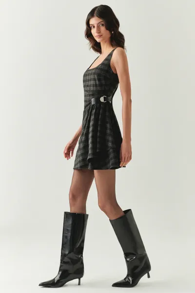 Kare Yaka Taş Detaylı Ekose Slim Fit Astarlı Antrasit Mini Elbise