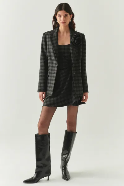 Kare Yaka Taş Detaylı Ekose Slim Fit Astarlı Antrasit Mini Elbise