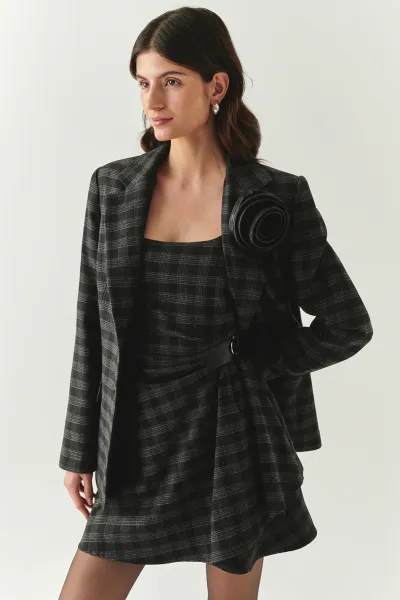 Kare Yaka Taş Detaylı Ekose Slim Fit Astarlı Antrasit Mini Elbise