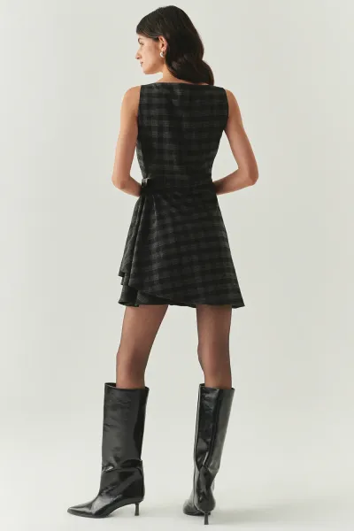 Kare Yaka Taş Detaylı Ekose Slim Fit Astarlı Antrasit Mini Elbise