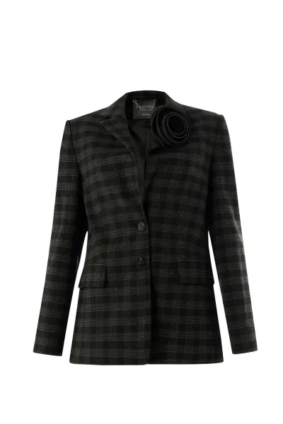 Ekose Taş Detaylı Cepli Regular Astarlı Antrasit Blazer Ceket