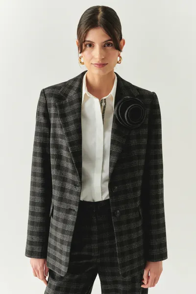 Ekose Taş Detaylı Cepli Regular Astarlı Antrasit Blazer Ceket