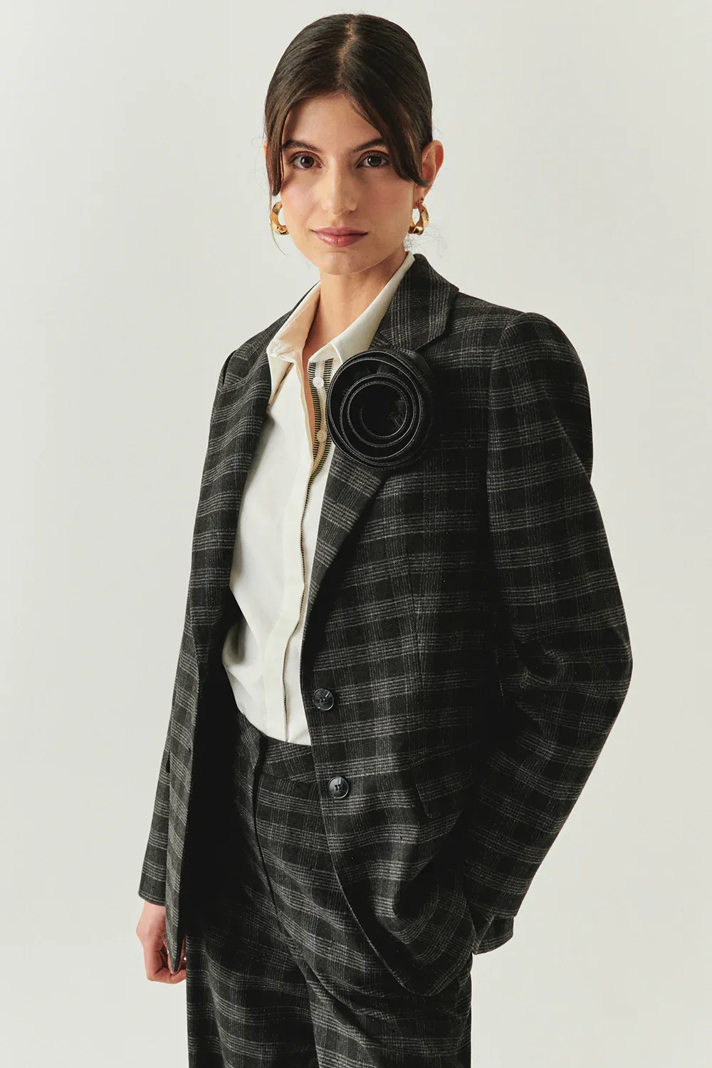 Ekose Taş Detaylı Cepli Regular Astarlı Antrasit Blazer Ceket