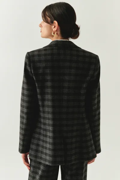 Ekose Taş Detaylı Cepli Regular Astarlı Antrasit Blazer Ceket