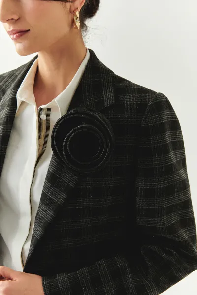 Ekose Taş Detaylı Cepli Regular Astarlı Antrasit Blazer Ceket