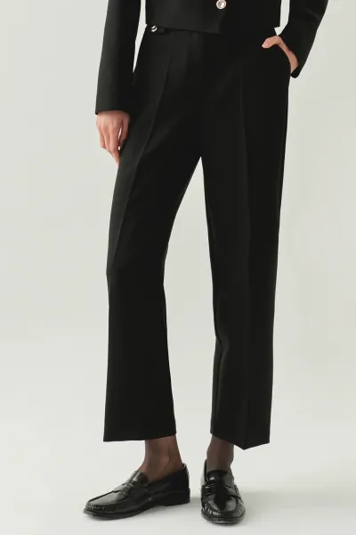 Cepli Regular Yüksek Bel Dokuma Siyah Pantolon