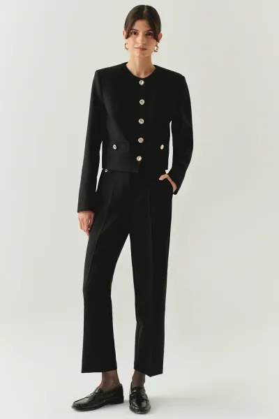 Cepli Regular Yüksek Bel Dokuma Siyah Pantolon