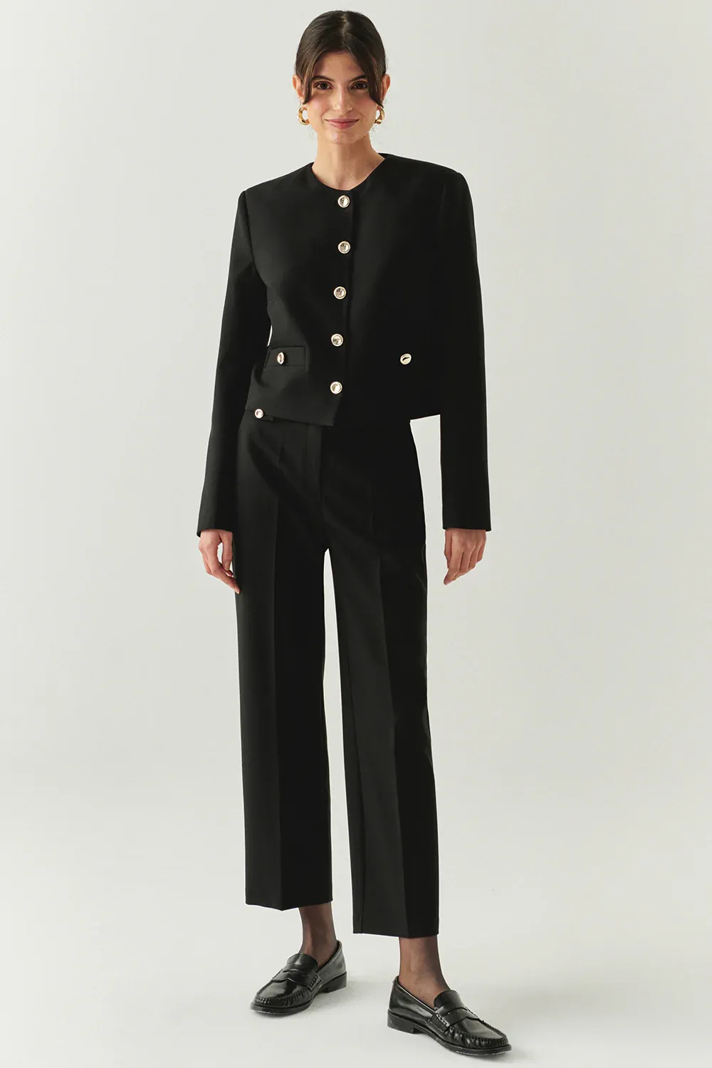 Cepli Regular Yüksek Bel Dokuma Siyah Pantolon