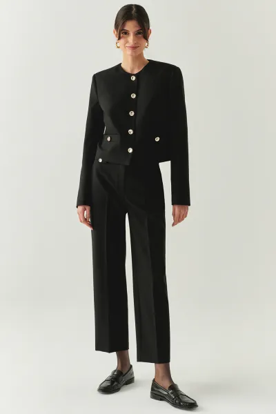 Cepli Regular Yüksek Bel Dokuma Siyah Pantolon