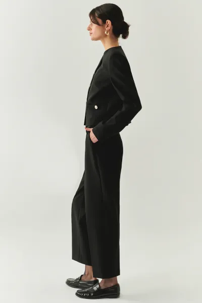 Cepli Regular Yüksek Bel Dokuma Siyah Pantolon