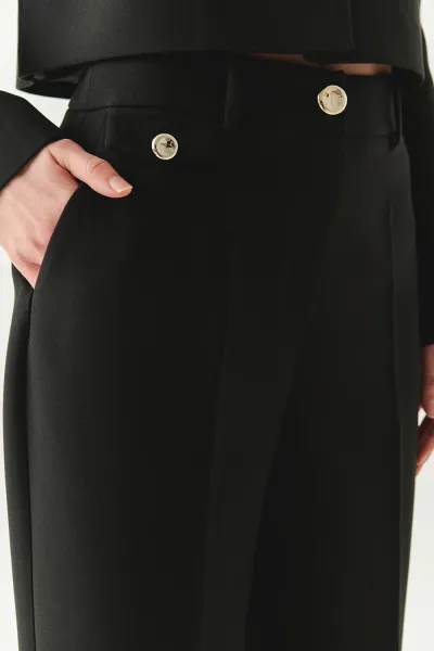 Cepli Regular Yüksek Bel Dokuma Siyah Pantolon